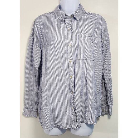 BeCool Tops - BeCool Blue White Stripe Button Up Shirt Linen Blend S/M Casual Top